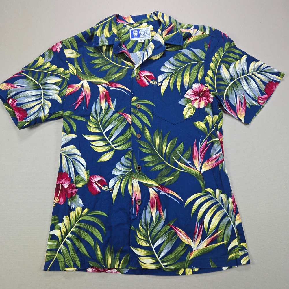 RJC Ltd‎ Mens Hawaiian Aloha Shirt Blue Floral Bird of Paradise Cotton Small 107